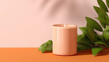 Peach candle on orange surface, green leaves
