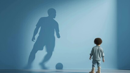 Little boy dreams of soccer stardom watching his shadow playing, aspirational future video