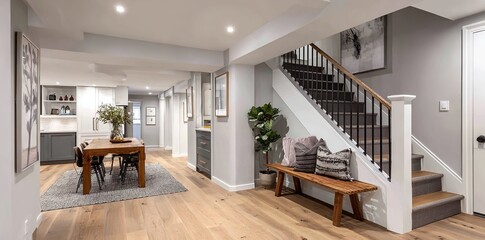 Elegant finished basement interior showcasing living spaces, staircase, and artistic decor arrangements