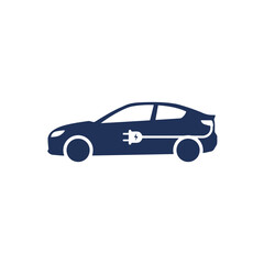 Fototapeta premium Vector art of dark blue electric car icon with charging plug symbol, isolated on white background