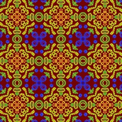 Vibrant Folk Art Seamless Pattern on Dark Red

