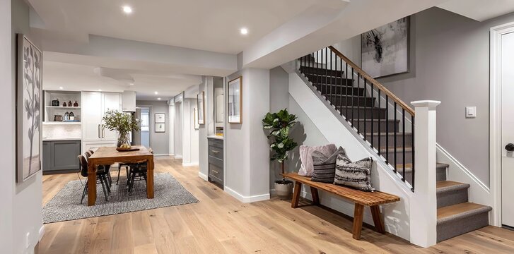 Elegant finished basement interior showcasing living spaces, staircase, and artistic decor arrangements