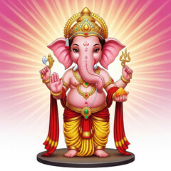 Pink elephant god with golden crown and red yellow attire