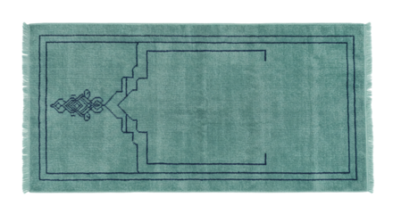 A teal prayer rug with geometric design and fringe viewed from directly above on a black background on transparent background