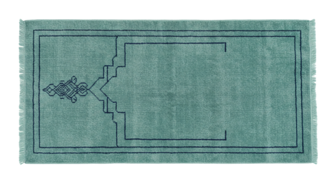A teal prayer rug with geometric design and fringe viewed from directly above on a black background on transparent background - Powered by Adobe