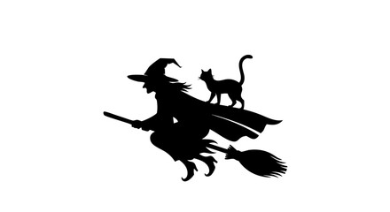 Vector Black Witch and Cat Silhouette SVG Icon Set with Gothic Line Art Style for Halloween and Fantasy Themes