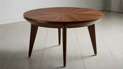 The image shows a classic light-toned round wooden table with four tapered legs set against a clean white background. Perfect for modern interiors.