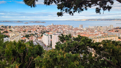Panoramic View of Marseille and the Mediterranean Coast. Scenic view of Marseille's cityscape and...