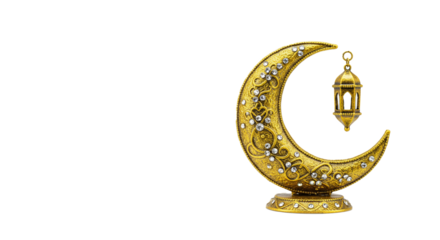A golden crescent moon with decorative details and a hanging lantern on a black background on transparent background