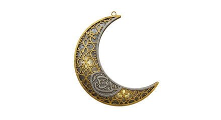 Ornate crescent moon pendant with gold filigree and arabic script on a black background on transparent background