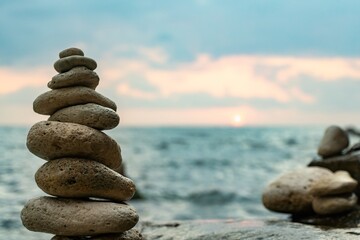 Stones Stack Sunset Beach - Balanced Rocks Seascape Ocean