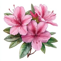 Subtropical flowers. Blooming azalea isolated on white background. Watercolor paints