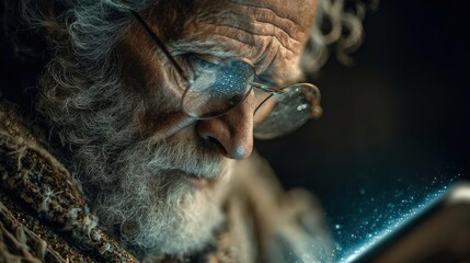 Naklejka premium A wise, elderly figure, focused on a digital tablet, holographic AI assistant guides, photorealistic clarity, rich textures and soft tones, capturing timeless pursuit of knowledge