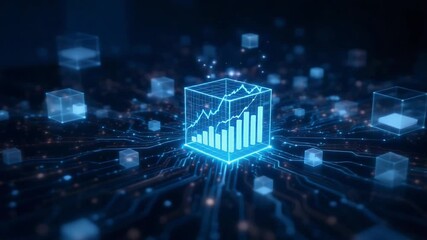 Abstract representation of financial data analysis with glowing blue graph and circuit board elements. - Powered by Adobe
