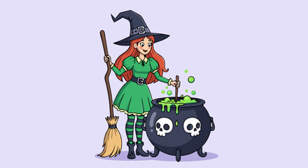 Cartoon Witch Vector SVG Illustration with Cauldron and Magical Elements in Flat Design Style