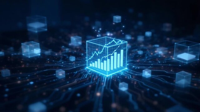 Abstract representation of financial data analysis with glowing blue graph and circuit board elements.