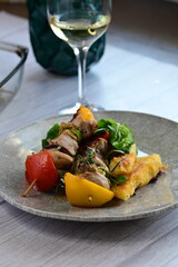 Colorful grilled chicken skewer with vibrant vegetables as a delicious food background. 