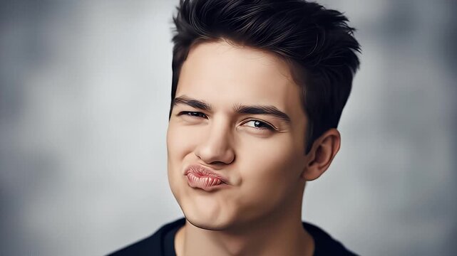 Young Man Making Playful Kissy Face and Winking