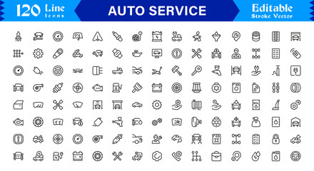 Comprehensive Auto Service Icon Set Featuring Car Repair, Maintenance Tools, and Vehicle Diagnostics in Vector Style