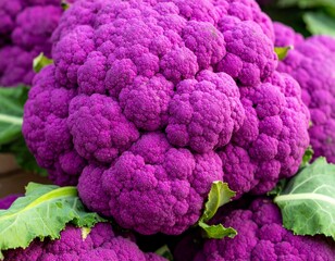 Close-up of fresh purple cauliflower with tightly packed florets with vibrant violet hues