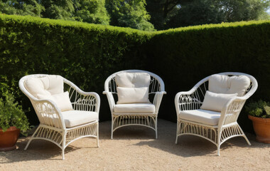 Serene Outdoor Seating: Three elegant rattan chairs with plush cushions invite relaxation in a beautifully manicured garden, perfect for leisurely moments and outdoor gatherings.
