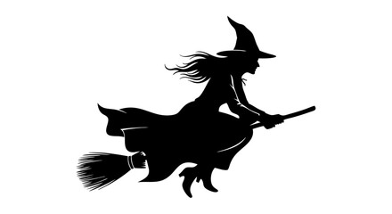 Halloween Witch Vector SVG Illustration with Flying Witch on Broomstick in Minimalist Black Silhouette Style
