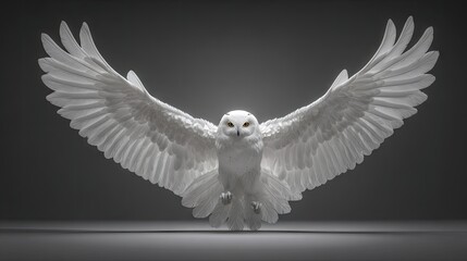 Fototapeta premium A white owl with outstretched wings against a dark background.