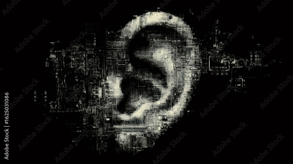 Poster digital ear composed of circuit board elements symbolizing artificial intelligence hearing and elect