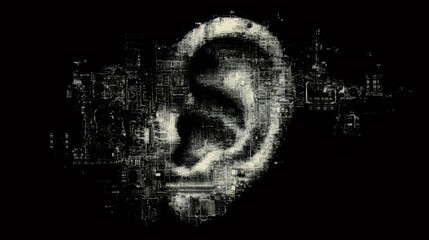 Digital ear composed of circuit board elements symbolizing artificial intelligence hearing and electronic sound processing technology.