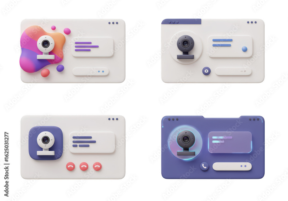Poster photo of multiple 3d renderings of video call interfaces with webcams for online meetings isolated o