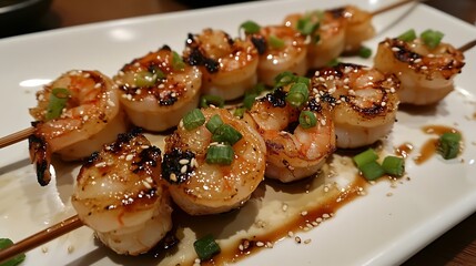 Grilled Shrimp Skewers with Sesame Seeds and Scallions, Asian Glaze on White Plate