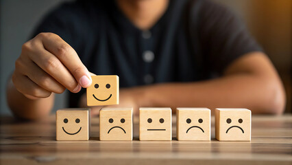 “Hand Placing Happy Face Block Among Emotional Expressions – Feedback, Mood Selection, and UX Psychology Concept”