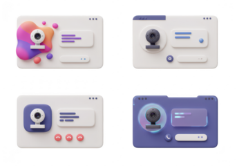 Photo of multiple 3d renderings of video call interfaces with webcams for online meetings isolated on transparent background