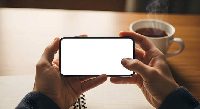 Hands holding smartphone with blank screen mockup modern device technology gadget digital mobile phone screen display app interface website design coffee cup workspace background