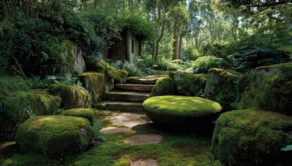 Moss-covered stones and steps in a lush garden. Sunlight filters through trees