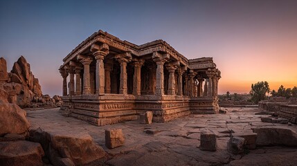 Obraz premium Magnificent Temple Ruins Stand Tall Amidst the Hampi Landscape at Sunrise