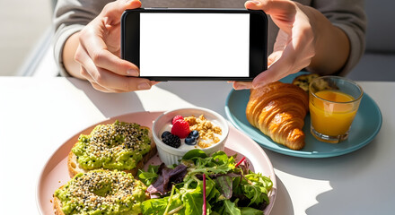 Delicious Avocado Toast and Croissant Breakfast Food Photography Mockup Smartphone Screen White Background