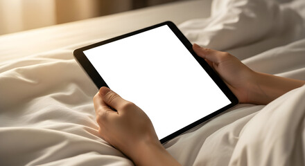 Relaxing in Bed with Tablet Blank Screen Mockup Modern Lifestyle Cozy Home Morning Comfort Technology Device Digital Media