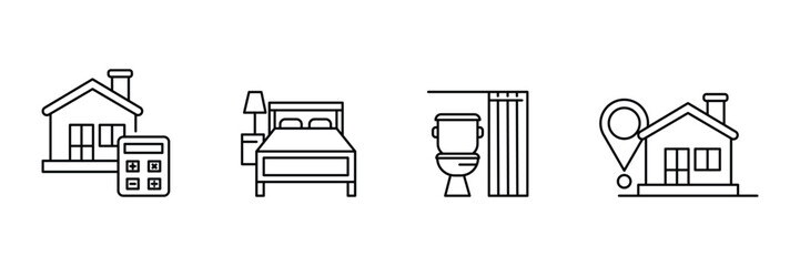 Real estate house interior location calculator bedroom bathroom icon set vector illustration with home furniture finance navigation concept.