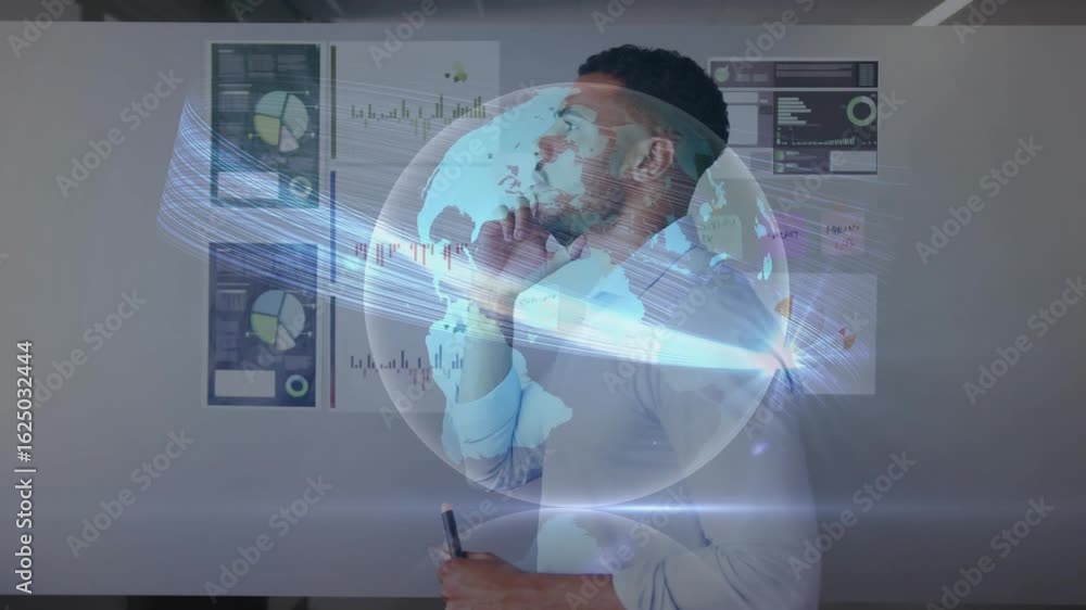 Poster data analyst activating smartphone data stream and engaging globe projection analyzing market data