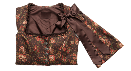 A brown dirndl with floral pattern and a satin bow on a white background in a studio shot on transparent background