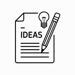 Conceptual illustration of a light bulb and pencil on a document with the word ideas