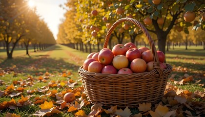 Basket of freshly picked apples in a vibrant autumn orchard, surrounded by fallen leaves and bathed in warm sunlight—capturing the rich beauty of seasonal harvest time