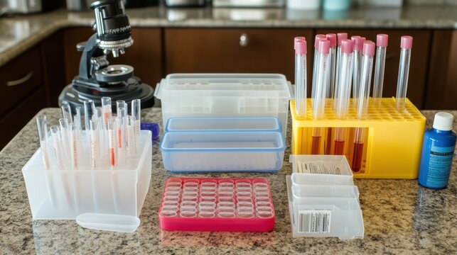 Laboratory Equipment and Supplies: Microscope, Test Tubes, and Sample Containers for Scientific Experiments