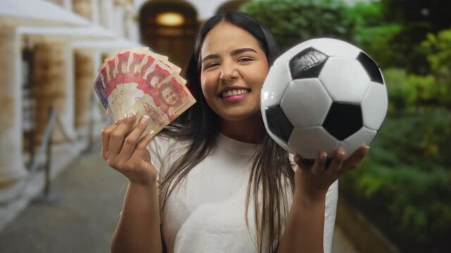 Young woman holding colombian pesos and a soccer ball outdoors, smiling with excitement and enthusiasm.