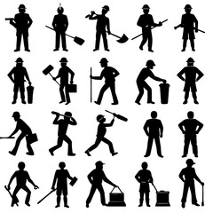 Obraz premium Collection of diverse construction worker silhouettes performing various tasks with tools and equipment isolated on transparent background silhouette