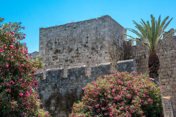 The Palace of the Grand Masters, Rhodes, Greece. Castle wall in Rhodes Greece with Blue Sky