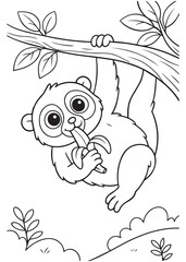 Coloring book cute slow loris hanging from a tree branch with a banana in hand.