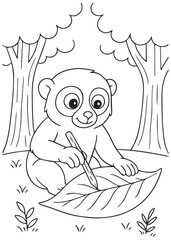 Coloring book slow lorises learning outdoors using a leaf