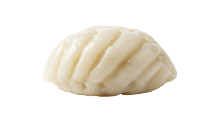 Close up shot of a single white dumpling with visible ridges against a black background on transparent background